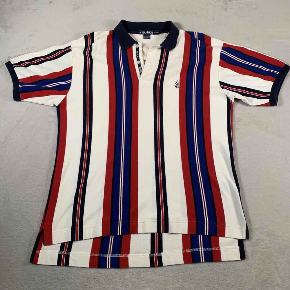 Vintage Nautica Polo Shirt Mens Large Red Blue White Striped Short‎ Sleeve Sail
